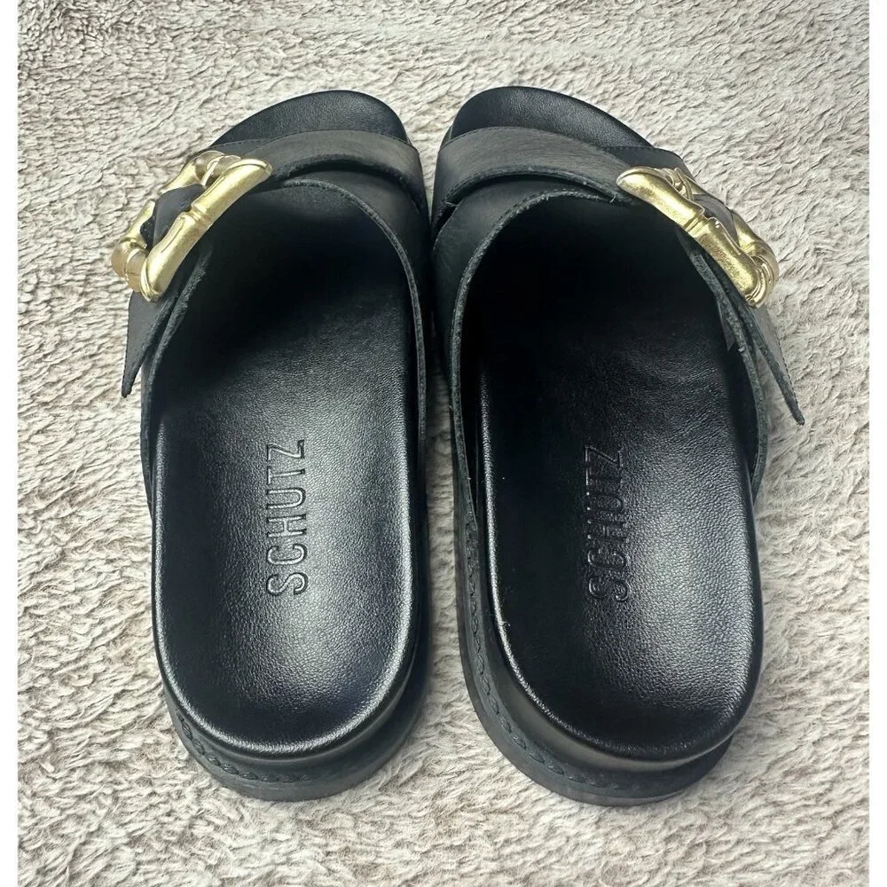 Schutz Enola Cross Slides Womens Size 5 B Black Leather Gold Bamboo Buckle Shoes